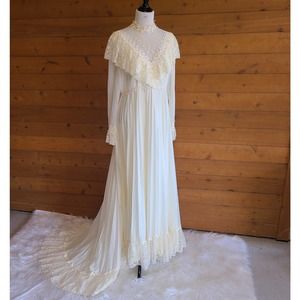 Vintage Wedding Dress Lace Prairie Long Sleeve Pleat Bottom Train Zip Size 16